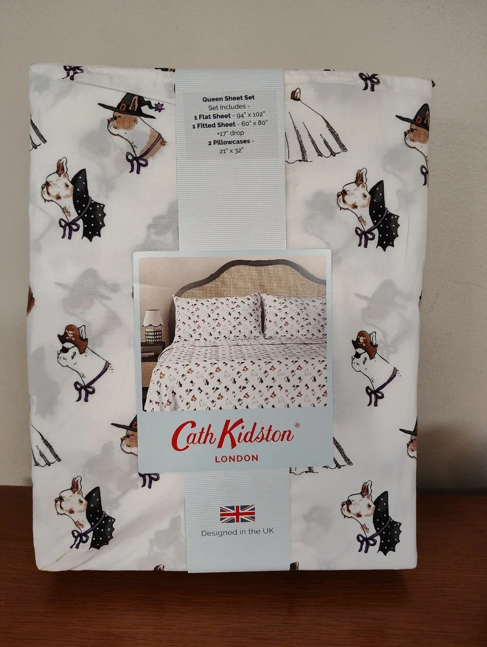 NWT! Cath Kidston  Halloween Spooky Dogs Sheet Set - Queen Size - 100% Cotton